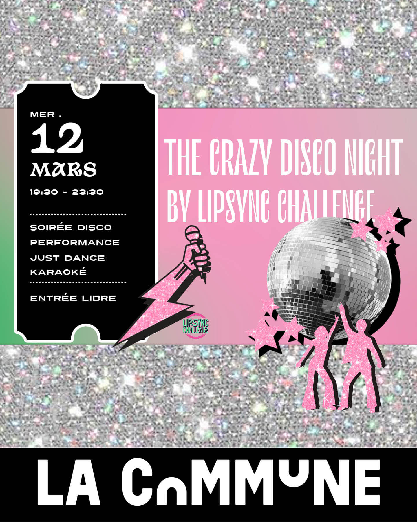 Affiche de la Crazy Disco Night avec boule disco, paillettes et ambiance rétro-club.