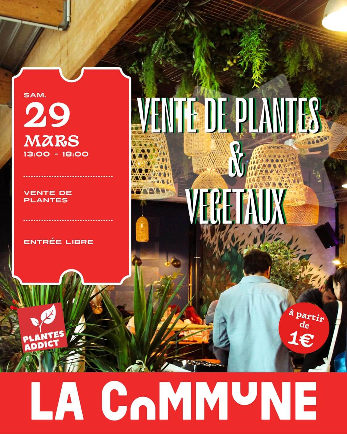 Affiche de la vente de plantes et végétaux à La Commune, ambiance verdoyante avec paniers en osier et suspensions végétales.