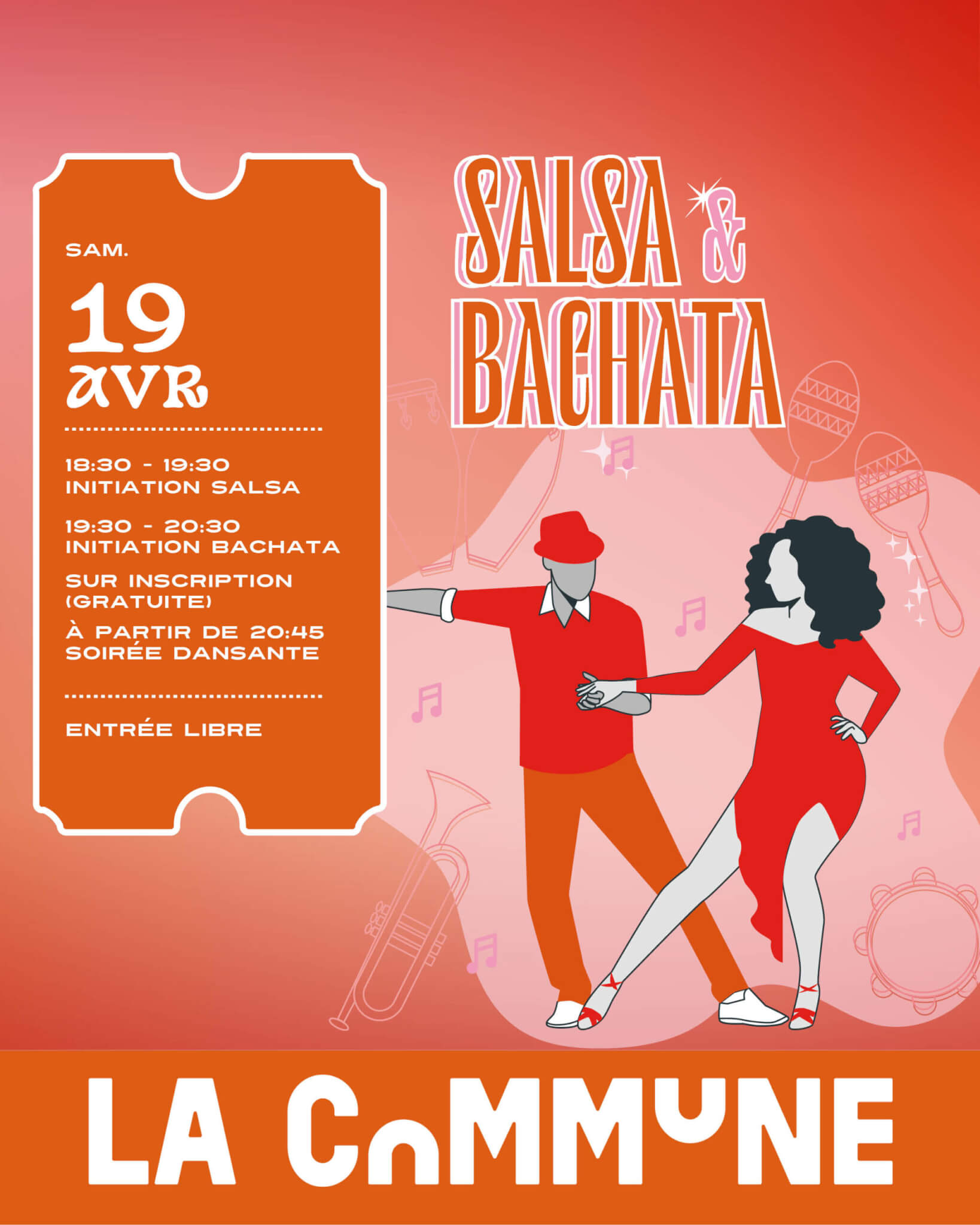Illustration d’un couple dansant la salsa pour la soirée Salsa & Bachata du 19 avril à La Commune.