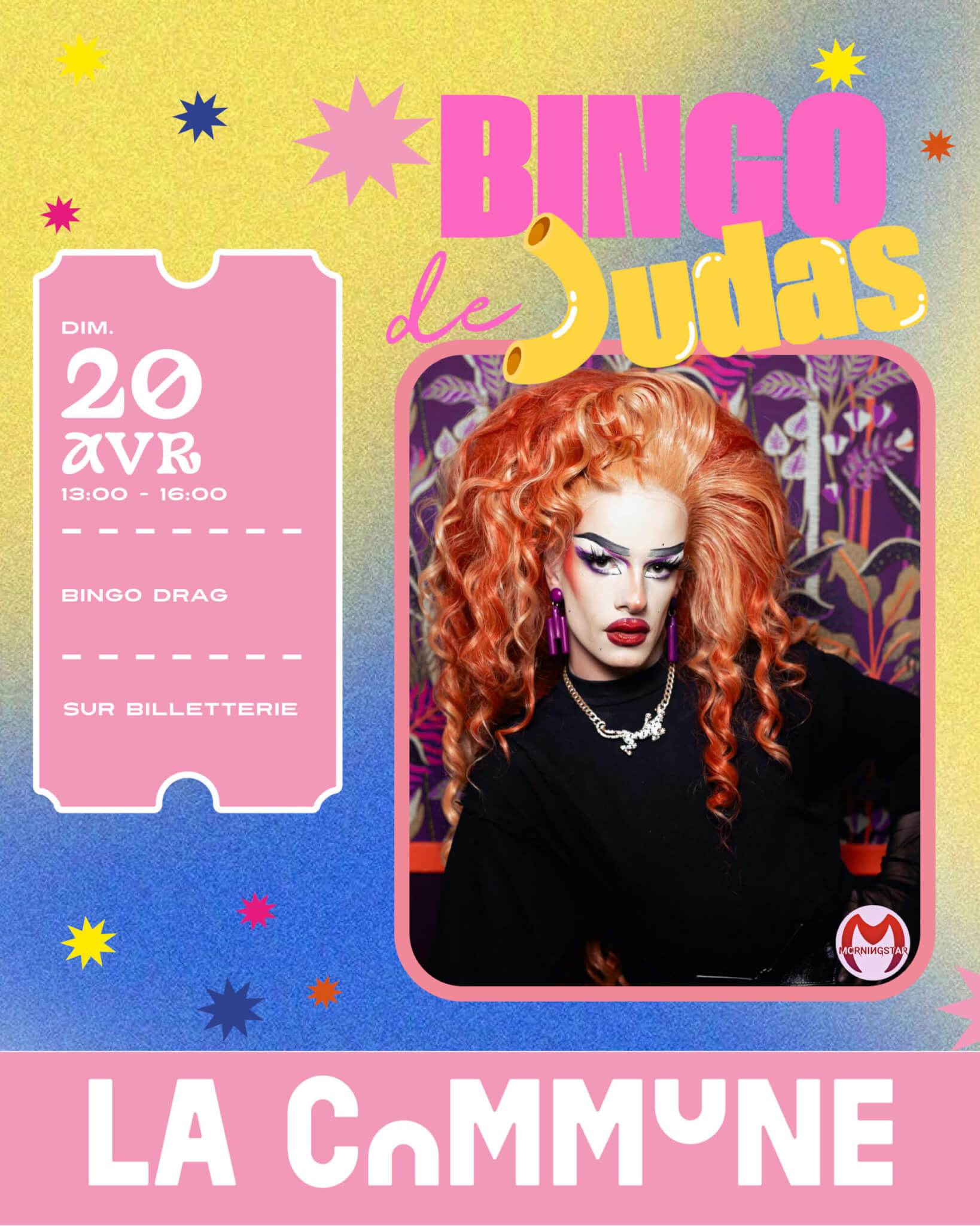 Affiche colorée avec une drag queen pour le Bingo Drag 