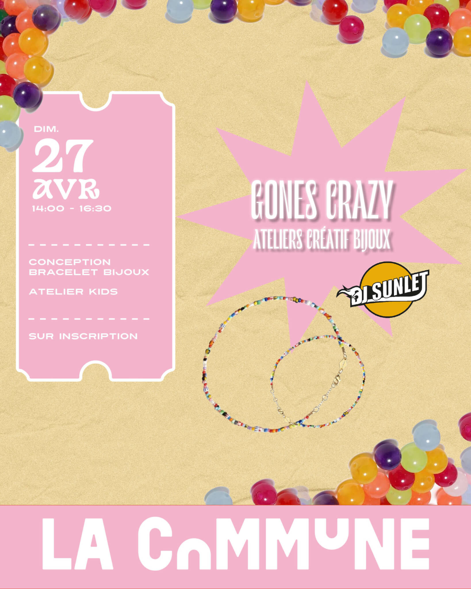 Atelier créatif enfants pour la conception de bracelets en perles colorées à La Commune Lyon.