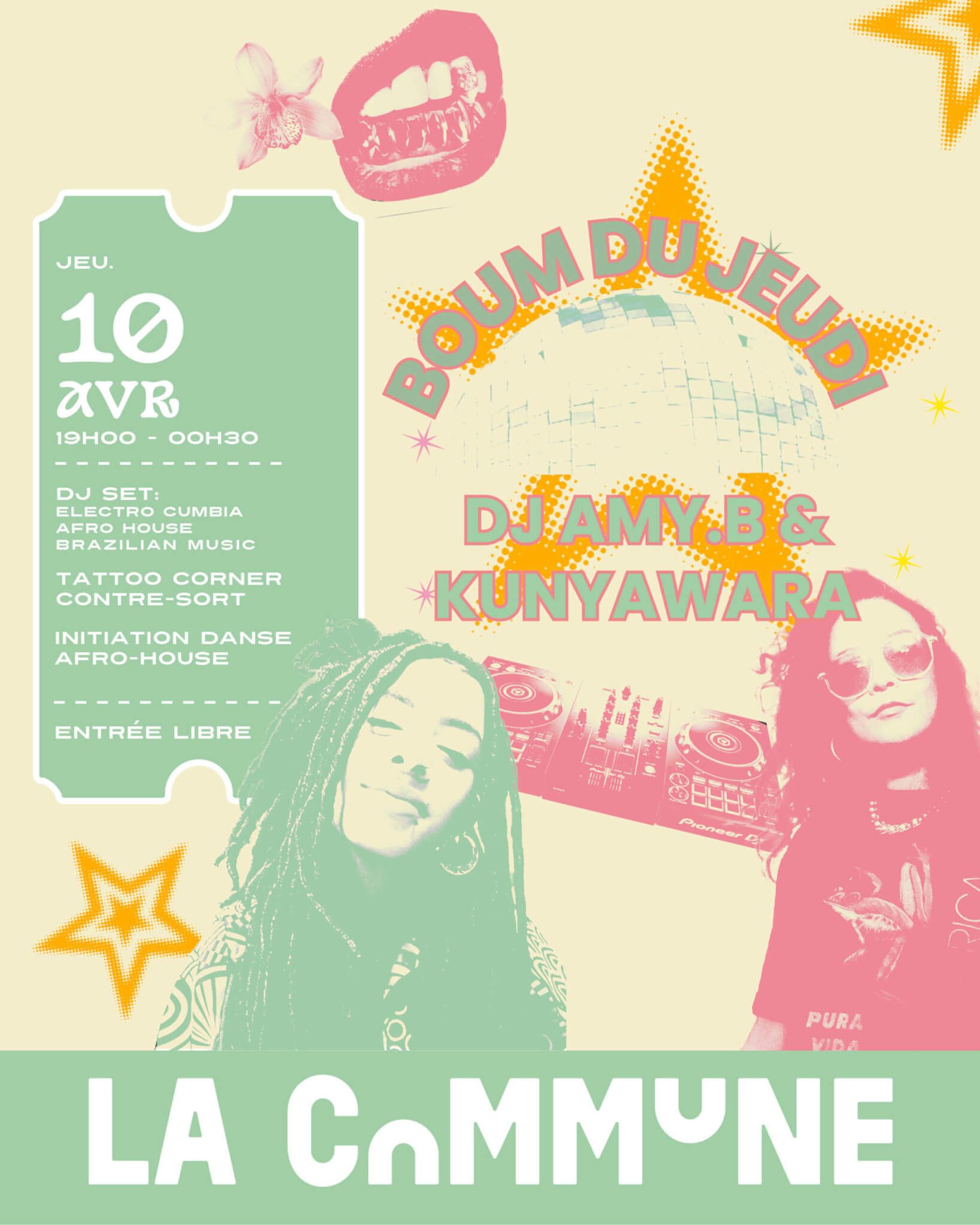 Affiche de la Boum du Jeudi à La Commune le 10 avril avec DJ Amy.B, Kunyawara, tattoo corner et danse afro-house.