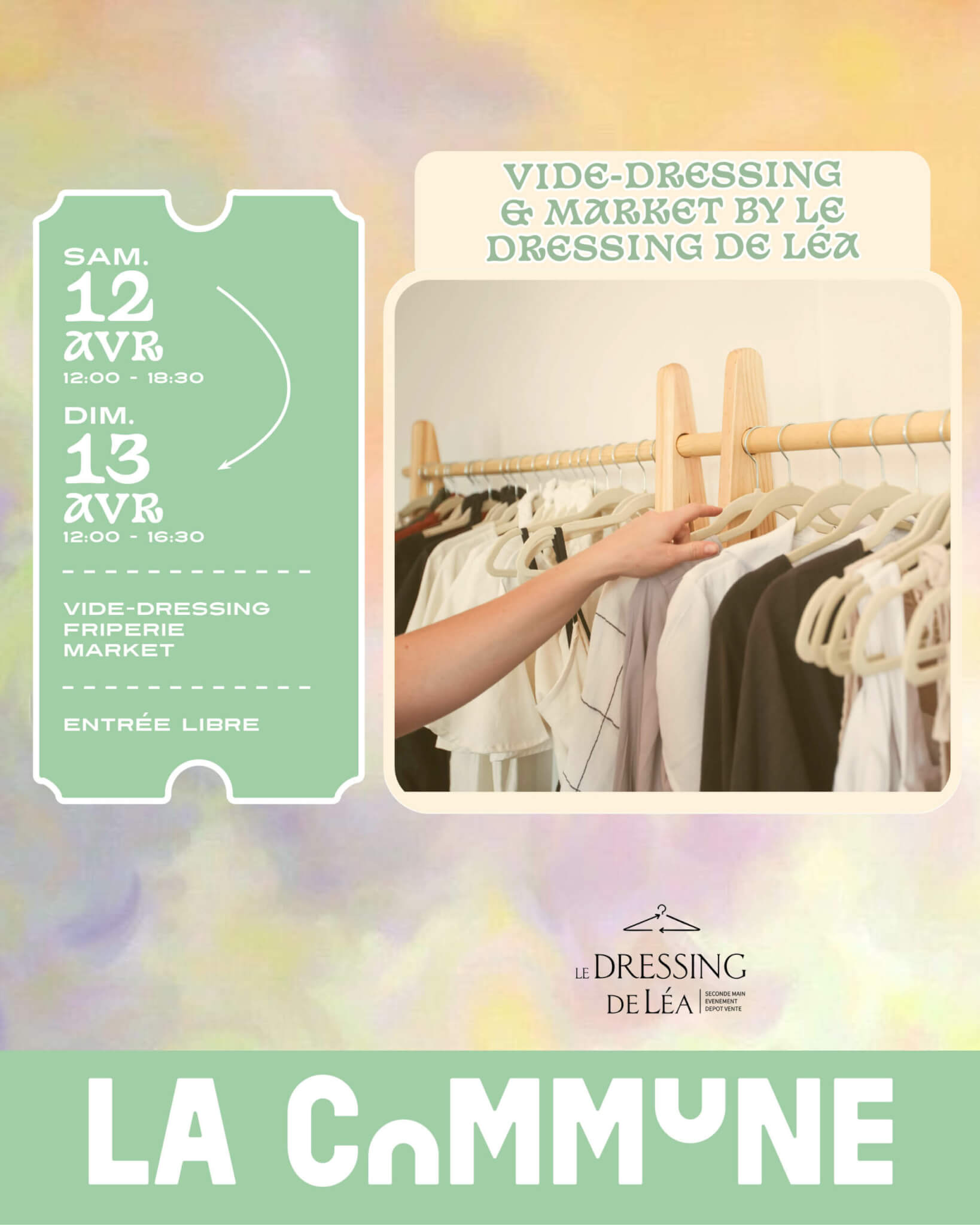 Affiche d’un vide-dressing organisé par Le Dressing de Léa à La Commune, Lyon, les 12 et 13 avril.