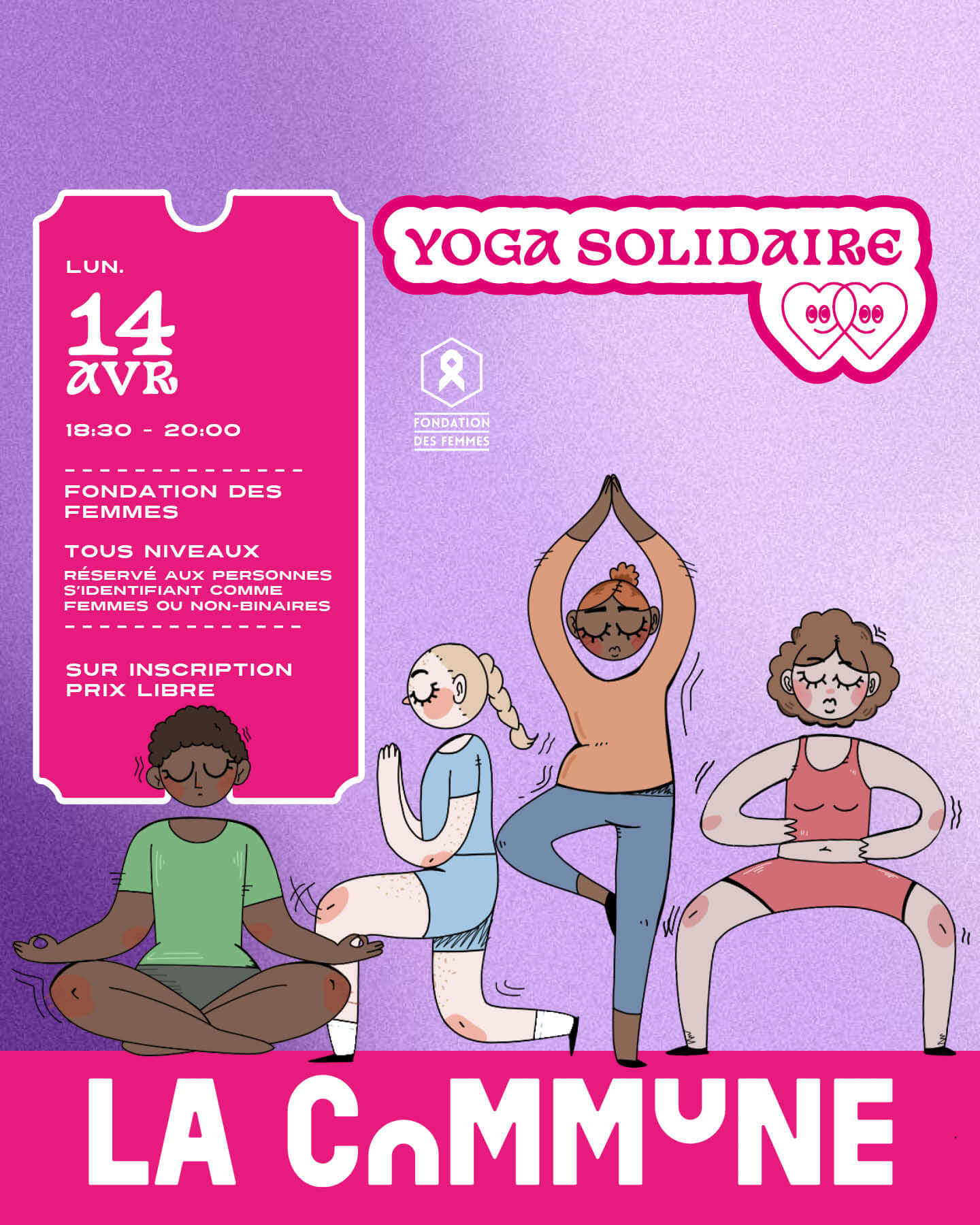 Affiche de l’atelier Yoga Solidaire à La Commune, réservé aux femmes et personnes non-binaires, le 14 avril.